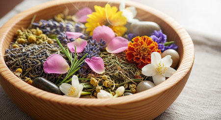 Spa setting with flowers and stones on wooden background, closeupの素材