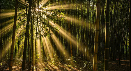 Bamboo forest with sun rays in the morning. Bamboo forestの素材