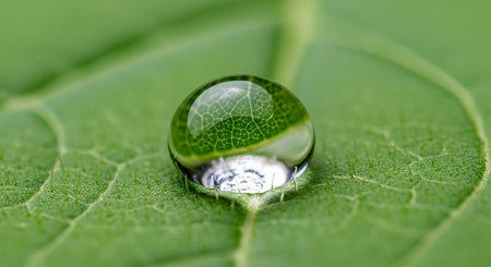 Water drop on green leaf macro close up. Water drops on the leaf.の素材