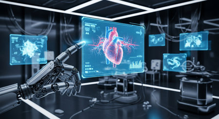 View of a Cyborg hand holding a human heart interface 3d renderingの素材