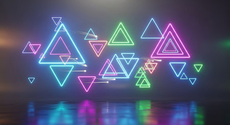 Glowing neon triangle shapes in dark space. 3D Renderingの素材