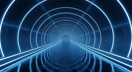 abstract dark tunnel with blue light rays - 3d rendering illustrationの素材