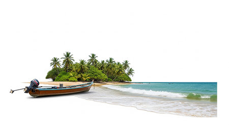 Tropical beach with boat isolated on white background with clipping pathの素材