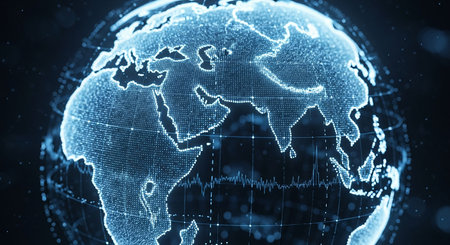 World map on a technological background. 3d rendering toned image double exposureの素材