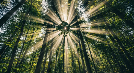 Sunbeams in the forest. Beautiful nature scene with sunbeamsの素材