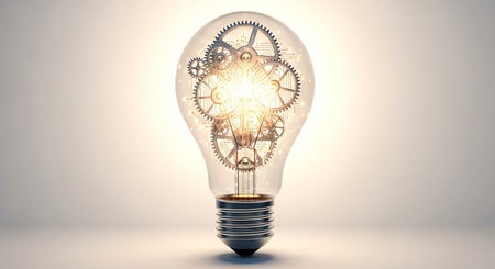 Glass lightbulb with gears inside on grey background 3D renderingの素材
