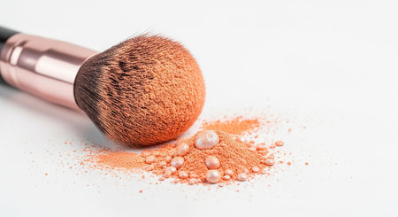 Makeup brush and crushed eyeshadow on a white background.の素材