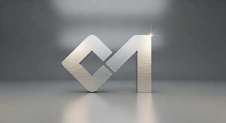 3D metal letter M lowercase on grey background. Metallic alphabet with light reflections.の素材