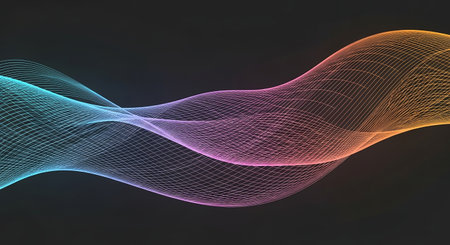 Abstract colorful wave on dark background. Futuristic technology style. Elegant background for business presentations.の素材