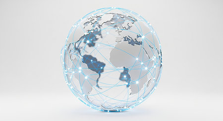 3d rendering of a world globe with blue network on white backgroundの素材