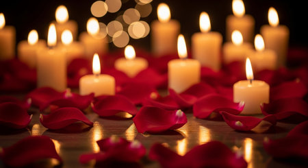 Burning candles with rose petals and bokeh background.の素材