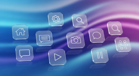 Digital composite of Interface icons against blue background with vignette effectの素材