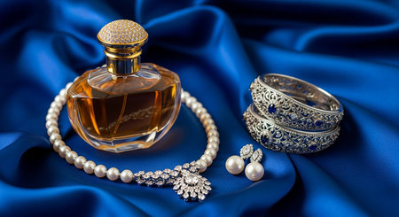 Bottle of perfume, pearls and jewelry on blue silk backgroundの素材
