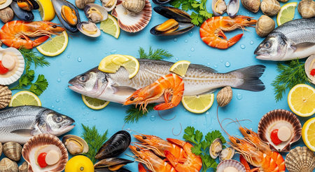 Seafood and seafood with lemon and parsley on blue backgroundの素材