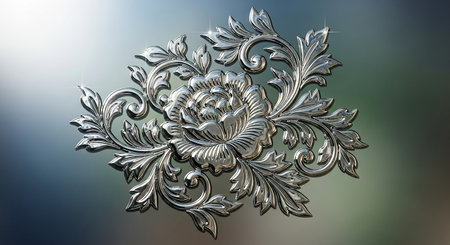 Silver floral ornament on a blurred background. Close-up image.の素材