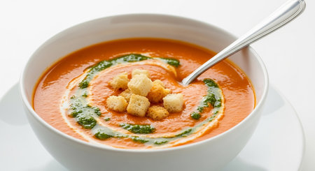 A bowl of tomato soup with croutons on a white backgroundの素材