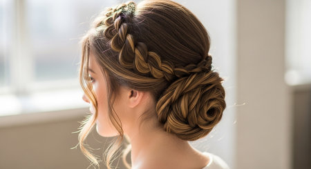 Hairstyle. Hair braided in braid. Hairstyle for the bride.の素材