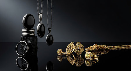 3d render of gold jewelry on black background. Jewelry backgroundの素材