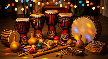 Drums and ethnic percussion instruments on wooden table with Christmas lights.の素材