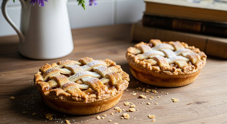 Homemade apple pie on a wooden table with a vase of flowersの素材