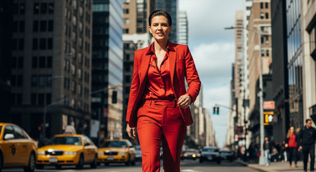 Beautiful young business woman in red suit walking on the street in New York Cityの素材