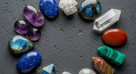 Frame of multicolored gemstones on dark background top view.の素材