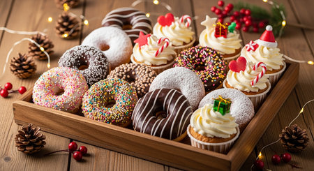 Box with tasty donuts and Christmas decor on wooden table, closeupの素材