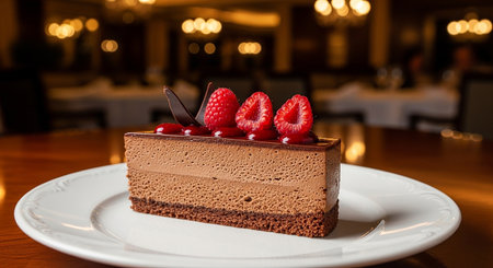 Chocolate cake with raspberries on a white plate in a restaurantの素材