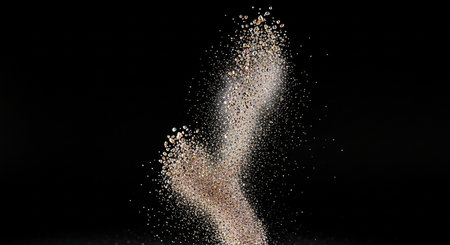 Silver glitter particles isolated on black background. Abstract explosion of gold particles.の素材