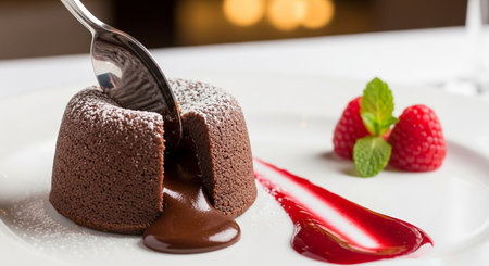 Chocolate fondant with raspberry and chocolate sauce on a white plateの素材