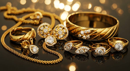 jewelry and luxury concept - close up of gold jewellery and earringsの素材