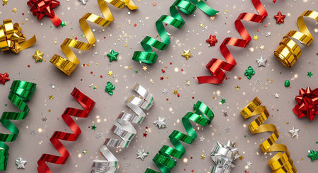 Festive background with colorful ribbons and confetti. Top viewの素材