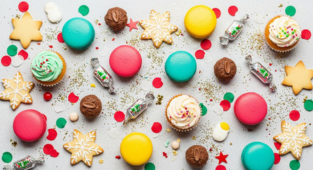 Colorful Christmas cookies and sweets on white background, top view.の素材
