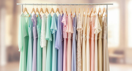 Fashionable clothes on hangers in modern dressing room, closeupの素材