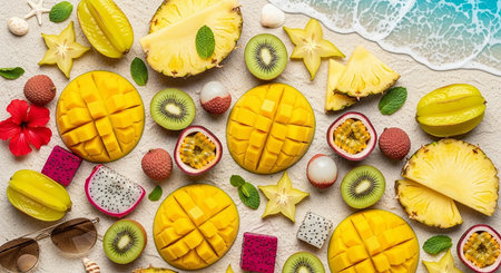 Tropical fruit background with pineapple, kiwi, dragon fruit, mango, lychee and other exotic fruits on sandの素材