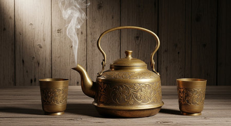 Old brass teapot and two cups of tea on wooden backgroundの素材