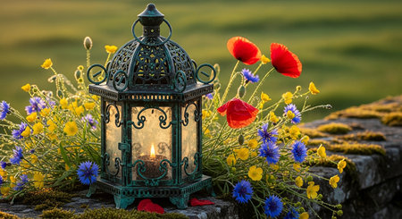 Lantern with poppy flowers and cornflowers in the gardenの素材