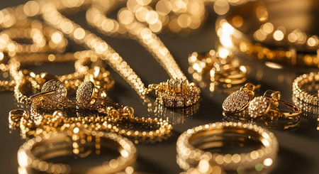 Jewelry background with gold rings and bracelets, close upの素材