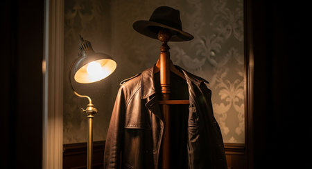 Men's coat on a hanger in a room with a lampの素材