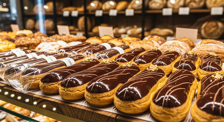 Chocolate eclairs on display at a French bakery shop.の素材