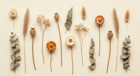 Flowers composition. Dried flowers, eucalyptus branches and leaves on beige background. Flat lay, top view, copy spaceの素材