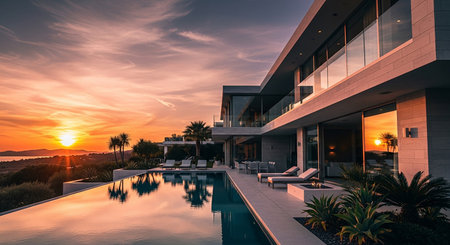 Luxury modern house with swimming pool at sunset. Nobody insideの素材