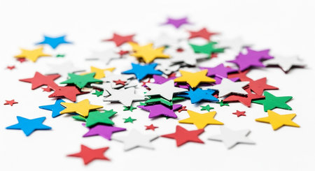 Colored stars confetti on white background. Festive decoration.の素材