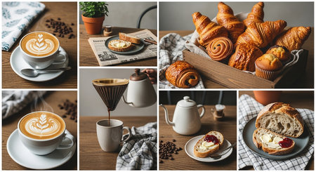 Collage of different types of coffee and croissants on wooden tableの素材