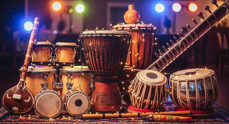 Traditional indian music instruments with bokeh lights on background.の素材