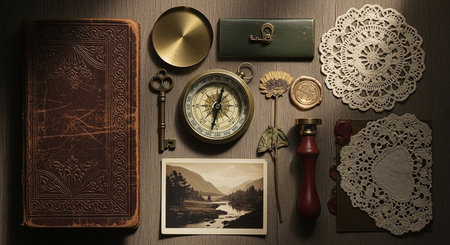 Vintage still life with old book, compass, map and other objectsの素材