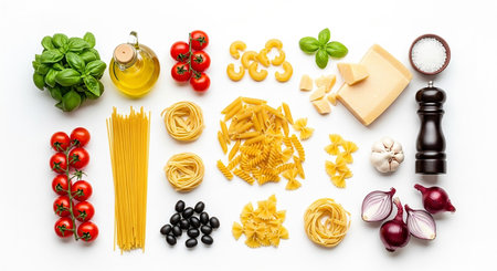 Different types of pasta and ingredients for cooking on white background top viewの素材