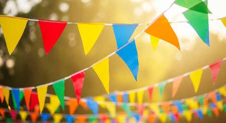 Colorful bunting flags over blurred background, celebration and party conceptの素材