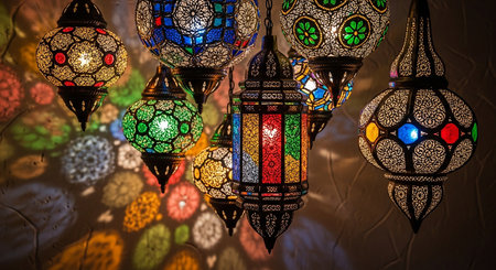 Colorful lanterns in morocco style hanging on the wallの素材