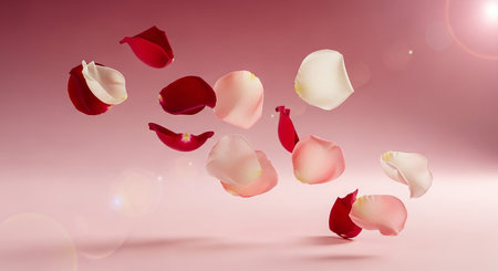 Rose petals fly in the air on a pink background. 3d renderingの素材